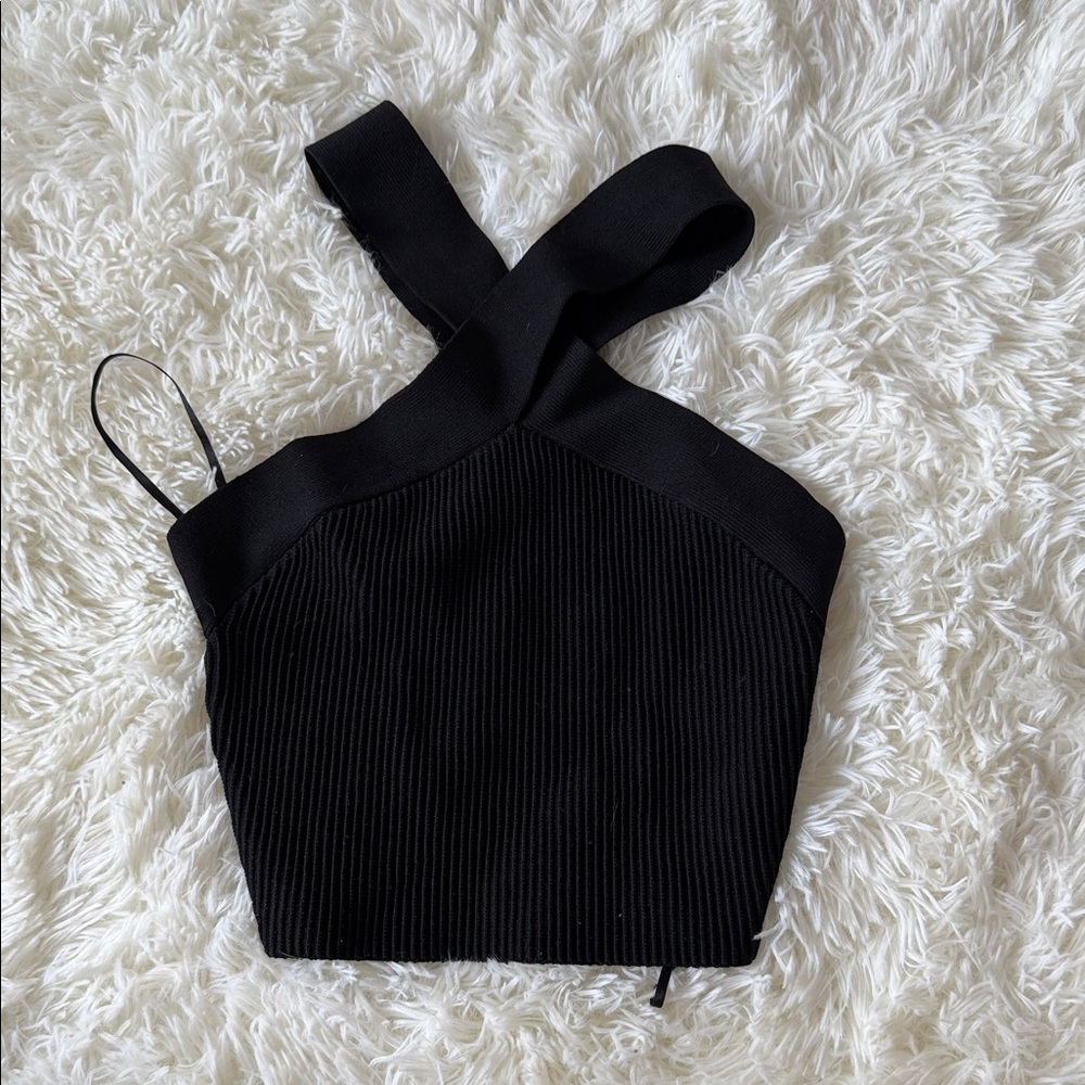 Babaton Black Ribbed Cross-Strap Crop Top